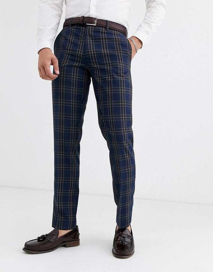 Harry Brown Wedding Slim Fit Blue And Brown Overcheck Suit Pants