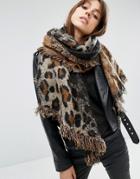 Asos Oversized Long Woven Scarf In Natural Leopard - Beige