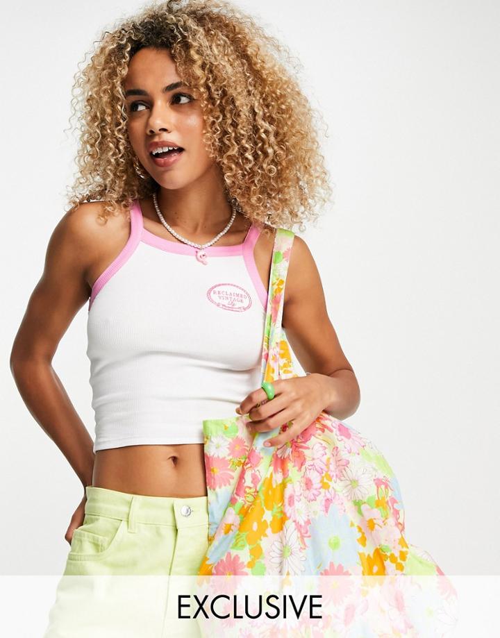 Reclaimed Vintage Inspired Shrunken Rib Tipped Tank Top With Crest Embroidery In Pink