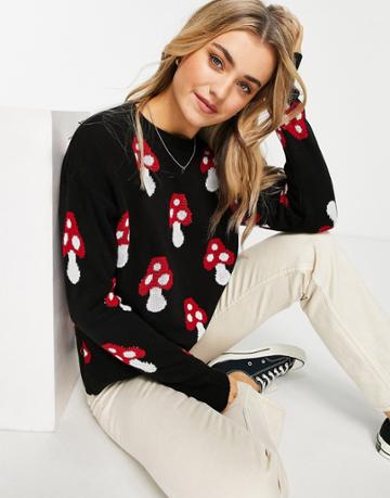 Daisy Street Relaxed Knitted Sweater In Mushroom Print-multi