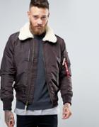 Alpha Industries Bomber Jacket With Sheep Fur Collar In Slim Fit Brown