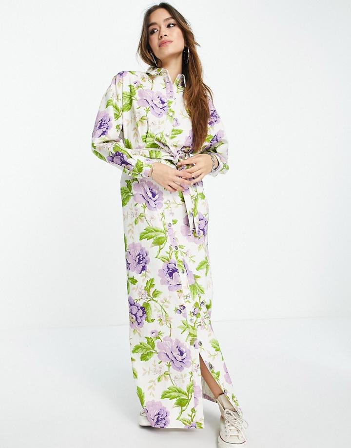 Asos Design Twill Maxi Shirt Dress In Floral Print-multi