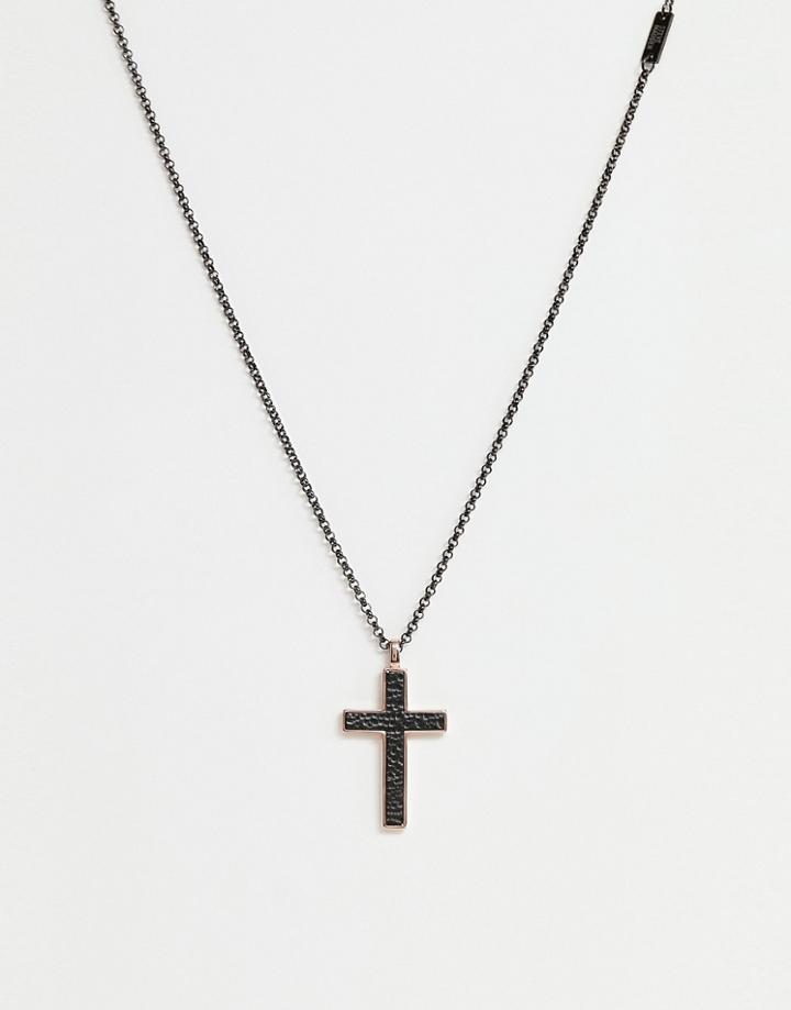 Steve Madden Mens Rose Gold Cross Pendant - Black