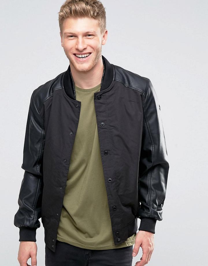 Brave Soul Faux Leather Bomber Jacket With Ribbed Collar - Black