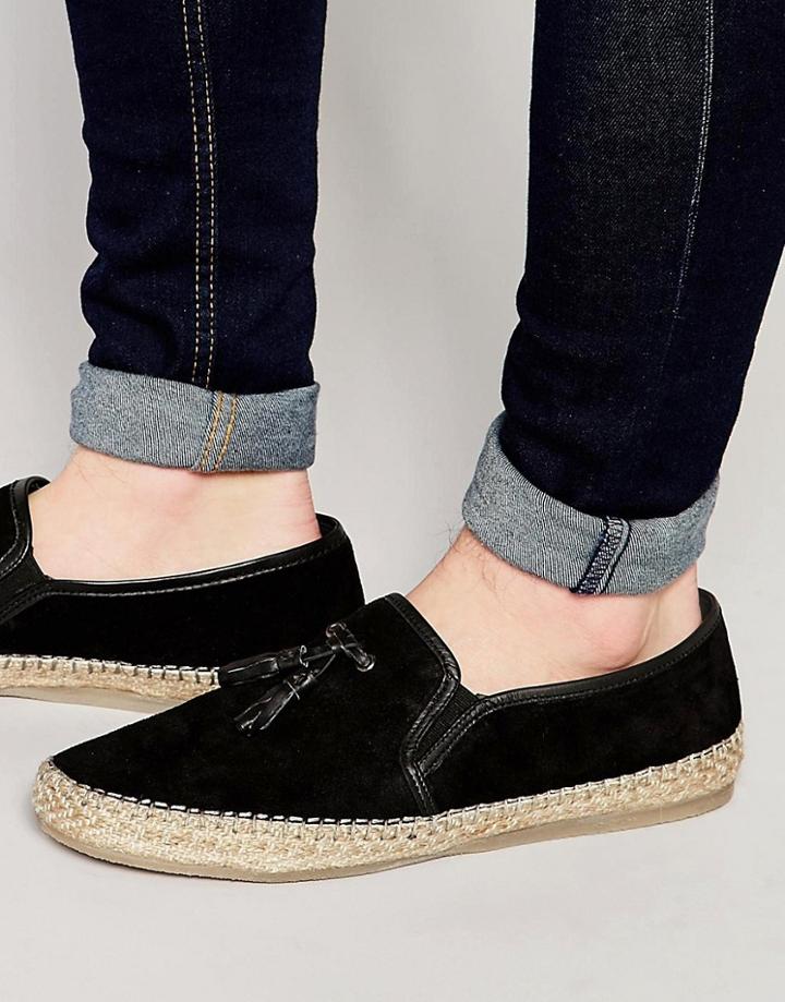 Asos Tassel Loafers In Black Suede With Jute Wrap Sole - Black