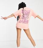 Topshop Petite See The Good Back Graphic Oversized Tee In Coral-multi