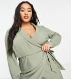 Asos Design Curve Collared Wrap Mini Dress In Khaki-green