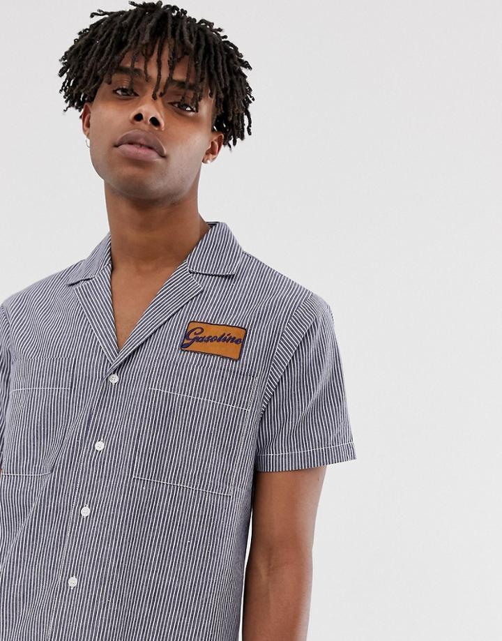 Sacred Hawk Revere Collar Shirt In Blue Stripe - Blue