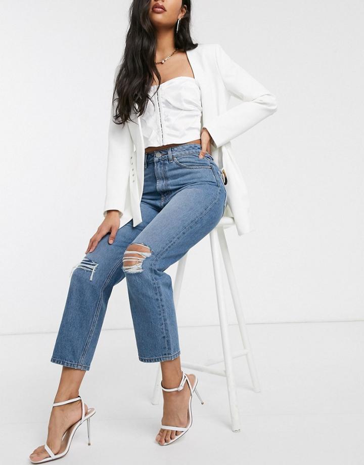 Asos Design Recycled Florence Authentic Straight Leg Jeans In Extreme Aged Mid Blue With Ripped Knees-blues
