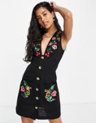 Asos Design Sleeveless Button Through Mini Dress With Embroidery In Black