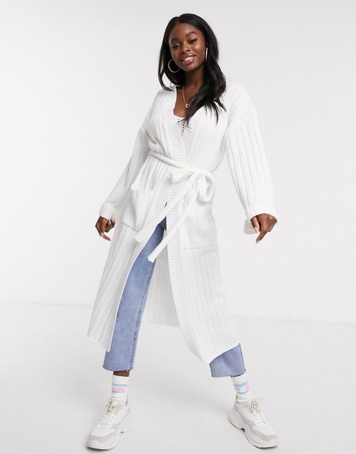 Skylar Rose Maxi Cardigan With Belted Waist In Light Knit-white