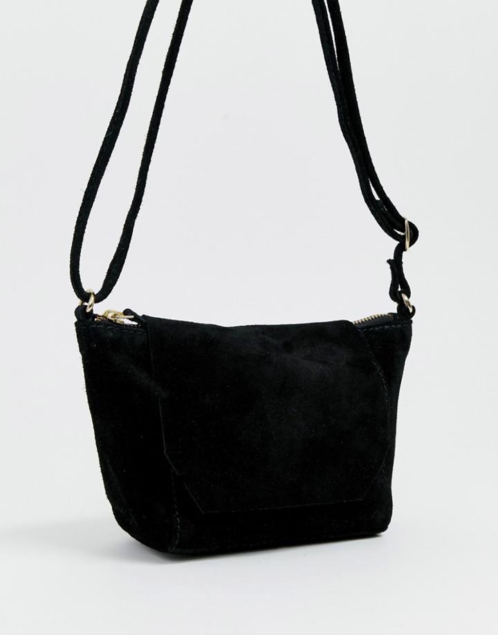 Asos Design Suede Angled Flap Cross Body Bag-black