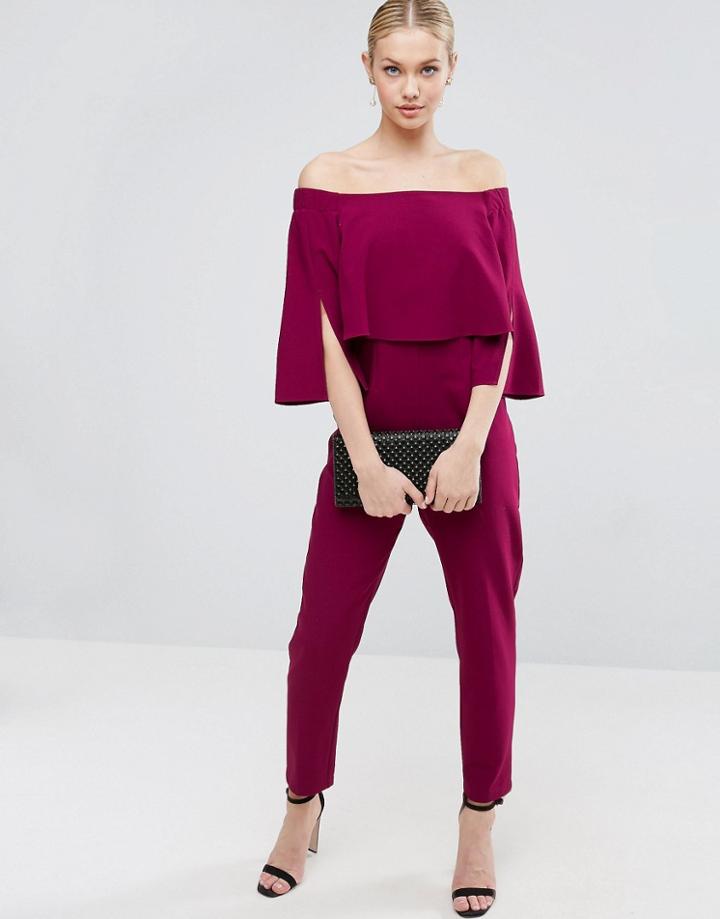 Asos Ruffle Bardot Jumpsuit With Split Sleeve Detail - Pink