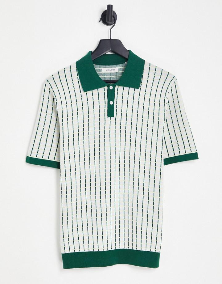 Jack & Jones Premium Knit Polo In Green Grid Check