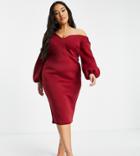 Asos Design Curve Fallen Shoulder Midi Dress With Balloon Sleeves In Wine-purple