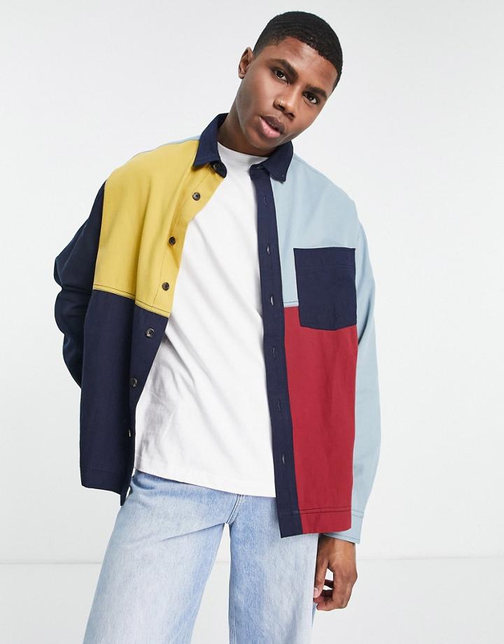 Asos Design Boxy Oversized Denim Shirt In Color Block-multi