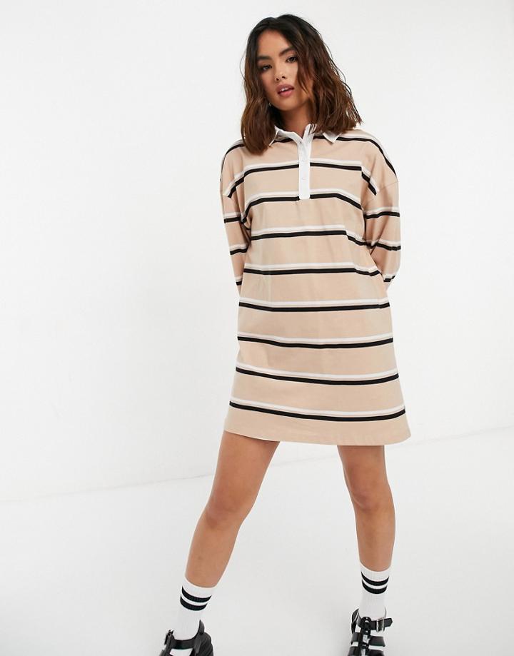 New Look Rugby Collar Sweat Dress In Brown Stripe