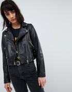 Asos Washed Leather Biker Jacket - Black