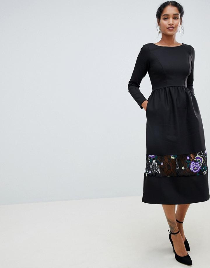 Closet London Long Sleeve Midi Dress With Embrodiered Detail - Multi