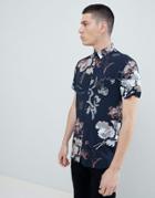Selected Homme Short Sleeve Viscose Shirt With All Over Print - Navy