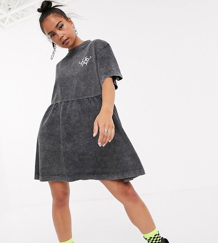 Collusion Acid Wash Smock Mini Dress With Dragon Print-gray