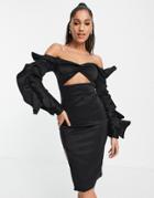 Naanaa Satin Bardot Ruched Sleeve Midi Dress In Black