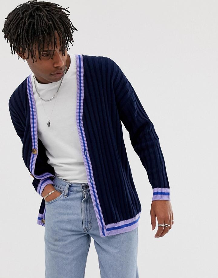 Asos Design Oversized Cardigan With Tipping - Navy