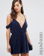 Asos Petite Cold Shoulder Waisted Romper - Navy
