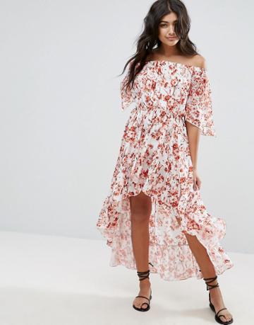 Island Stories Dip Hem Off Shoulder Printed Beach Dress - Multi