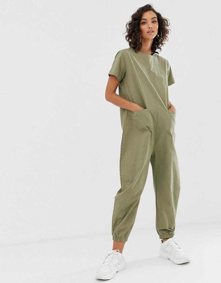 Na-kd Harem Style Short Sleeve Jumpsuit In Khaki - Green