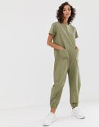 Na-kd Harem Style Short Sleeve Jumpsuit In Khaki - Green
