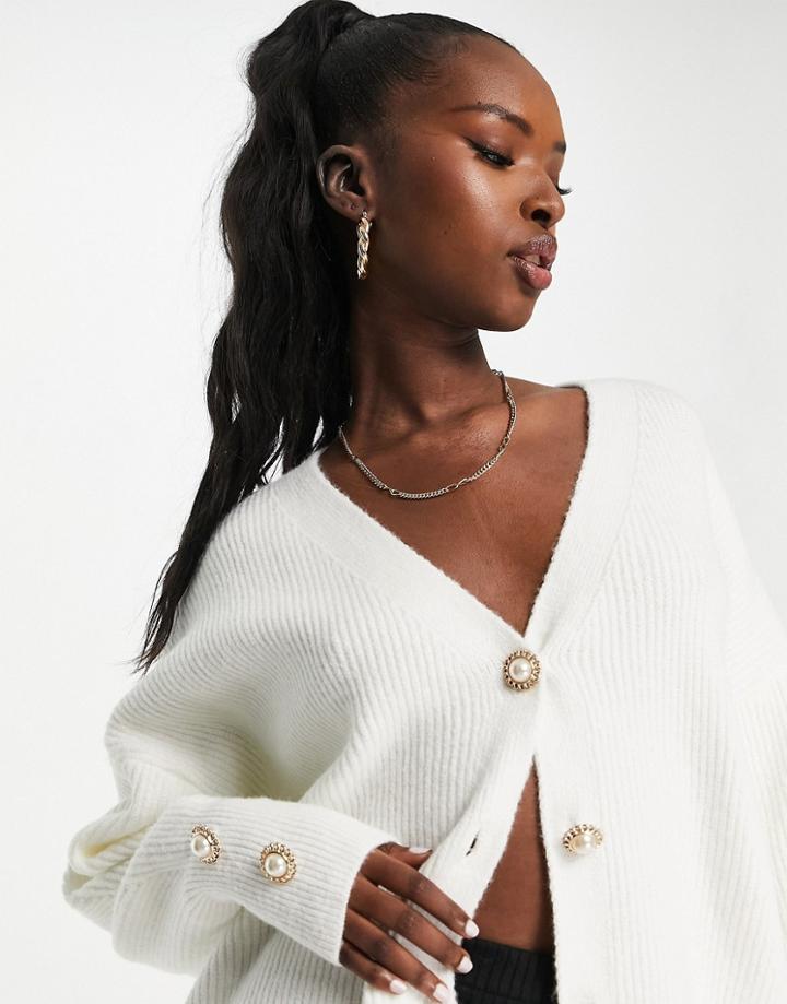 Qed London Oversized Cardigan With Pearl Buttons In Ivory-white