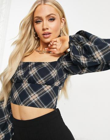 Motel Milk Maid Crop Top With Ruched Bust In Plaid-black