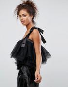 Asos One Shoulder Top In Tulle With Bow - Black