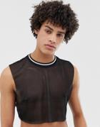 Asos Design Cropped Tank In Black Mesh With Contrast Tipping - Black