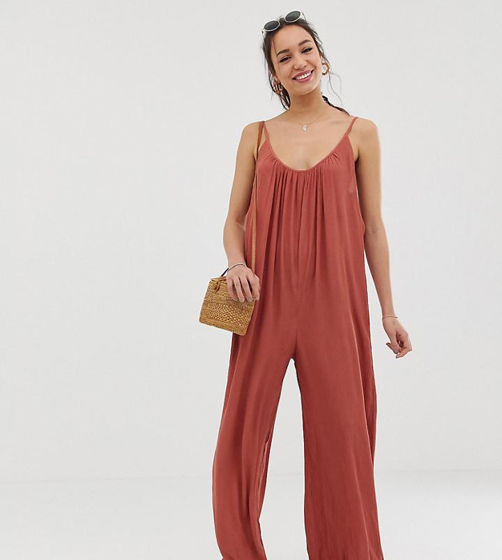 Asos Design Tall Low Back Jumpsuit In Crinkle-brown