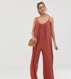 Asos Design Tall Low Back Jumpsuit In Crinkle-brown