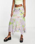 Weekday Recycled Polyester Asymmetric Midi Skirt In Lavender Floral-multi