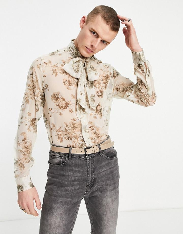 Asos Design Regular Fit Floral Sheer Shirt With Pussybow-neutral