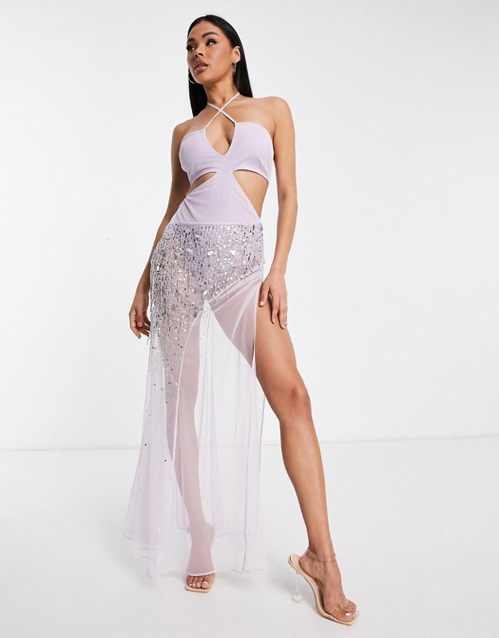 Starlet Embellished Halter Cut-out Sheer Maxi Dress In Lilac-purple