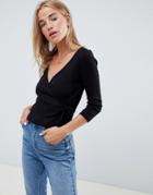 Asos Design Wrap Top With Long Sleeve In Rib - Black