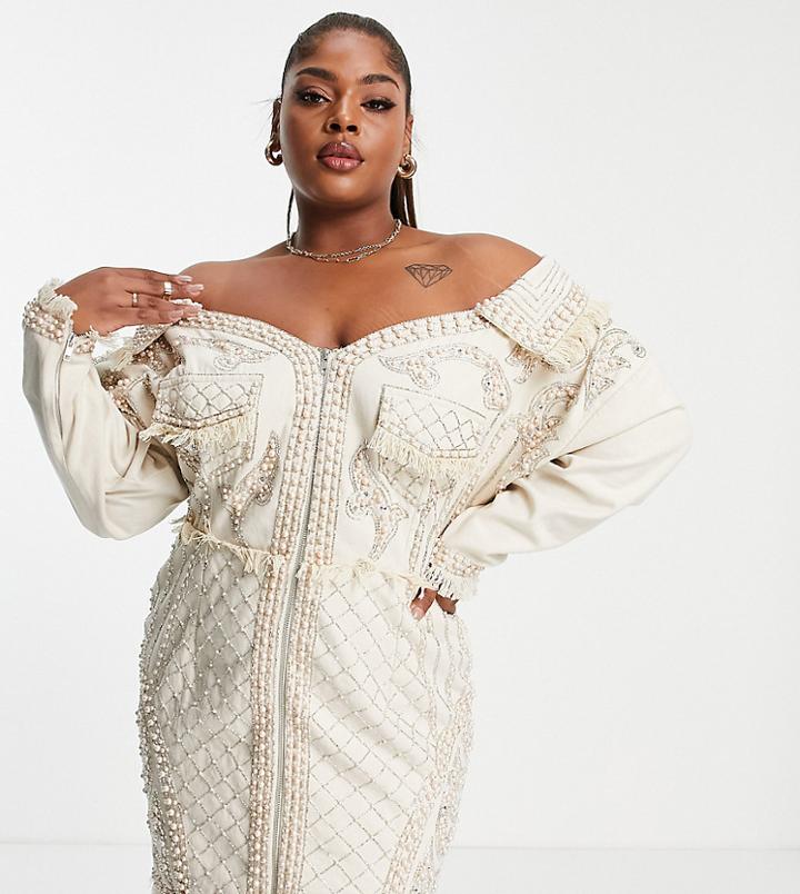 Asos Design Curve Pearl Embellished Oversized Denim Off Shoulder Tux Dress-white