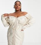 Asos Design Curve Pearl Embellished Oversized Denim Off Shoulder Tux Dress-white