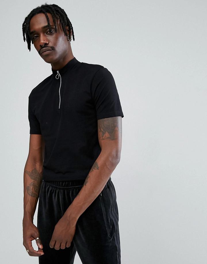 Asos Longline Muscle T-shirt With Zip Turtleneck And Curved Hem - Black