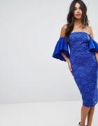Asos Lace Bardot Midi Dress With Extreme Sleeves-blue