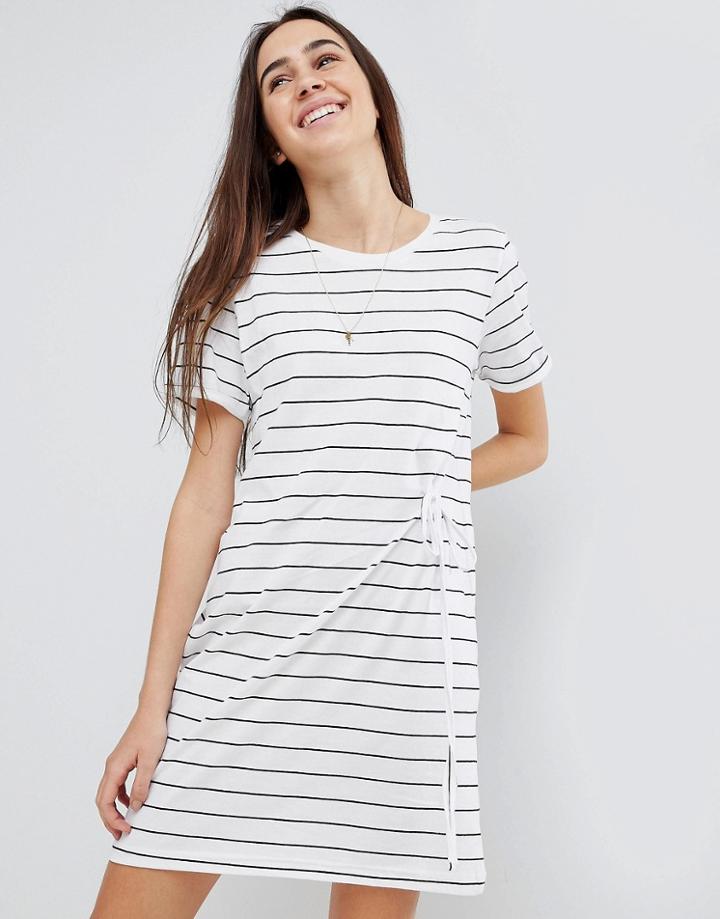 Brave Soul Ahoy Stripe T Shirt Dress With Drawstring Tie - White