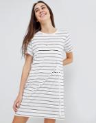 Brave Soul Ahoy Stripe T Shirt Dress With Drawstring Tie - White