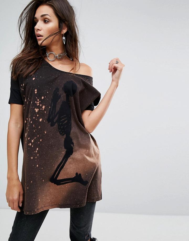Religion Relaxed T-shirt Dress With Stellar Praying Skeleton Print - Black