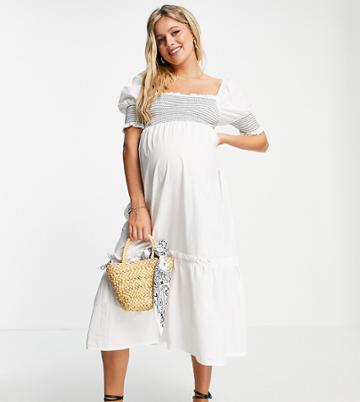 Violet Romance Maternity Shirred Cotton Poplin Midi Dress In White