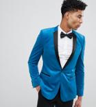 Asos Design Tall Skinny Blazer In Bright Blue Velvet - Blue